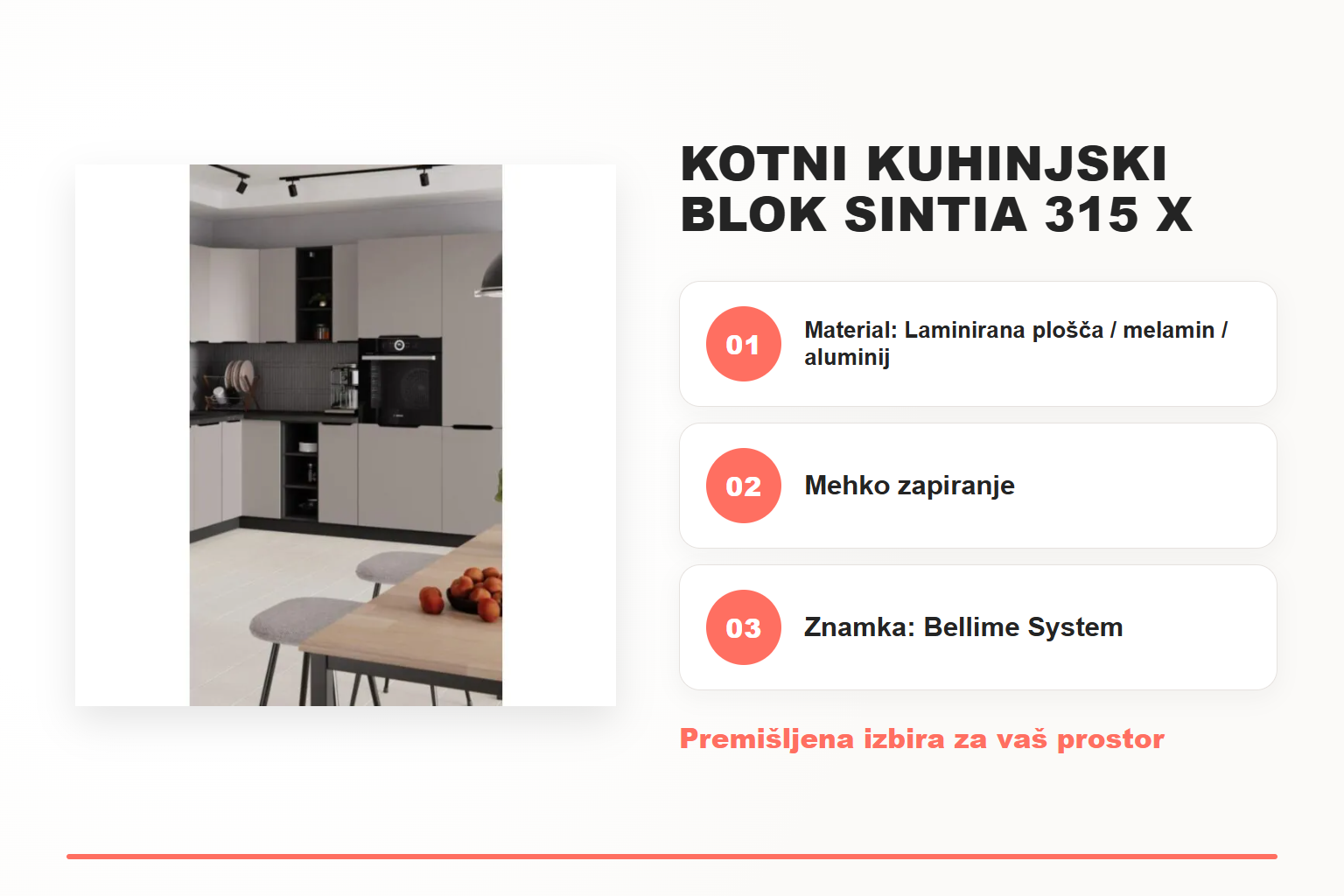 Kotni kuhinjski blok SINTIA 315 x 250 – pregled ključnih lastnosti