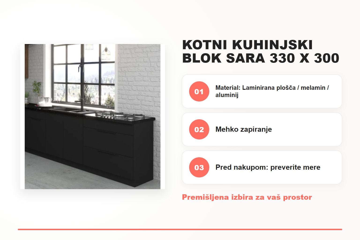 Kotni kuhinjski blok SARA 330 x 300 – pregled ključnih lastnosti