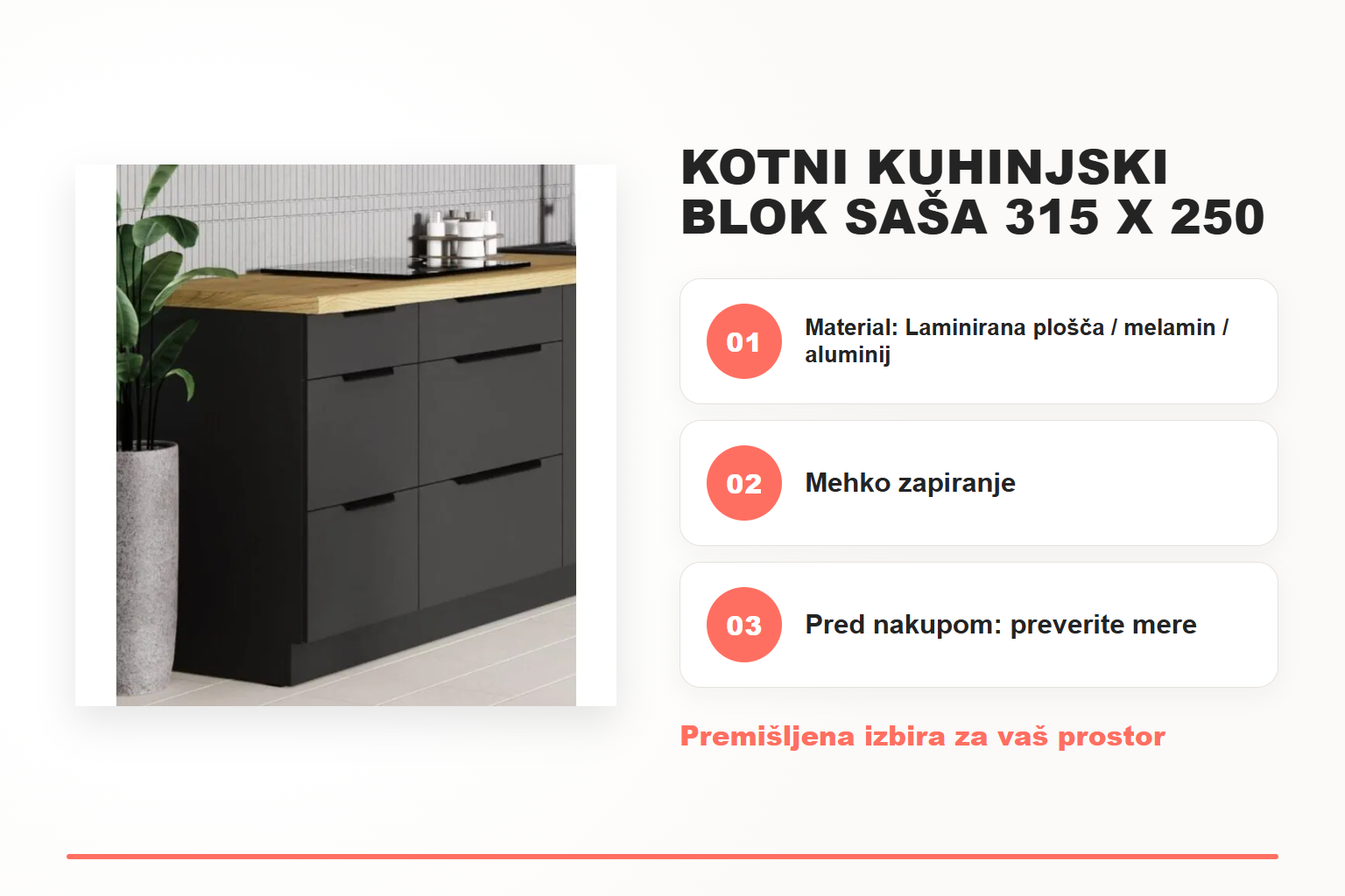 Kotni kuhinjski blok SAŠA 315 x 250 – pregled ključnih lastnosti