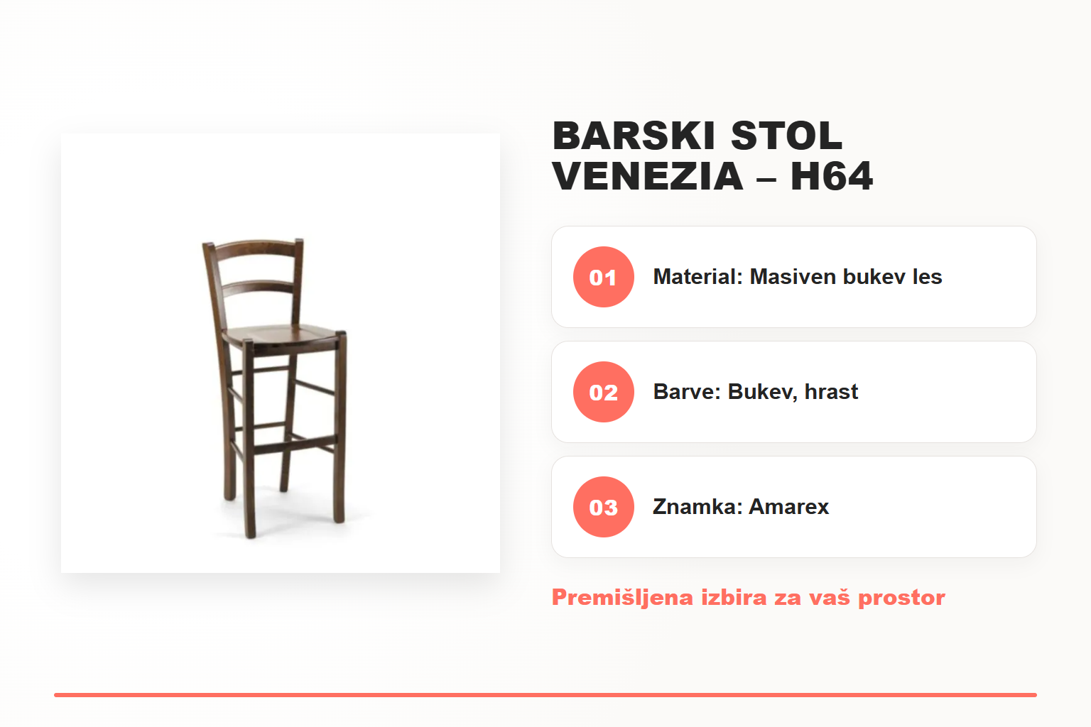 Barski stol VENEZIA – H64 – pregled ključnih lastnosti