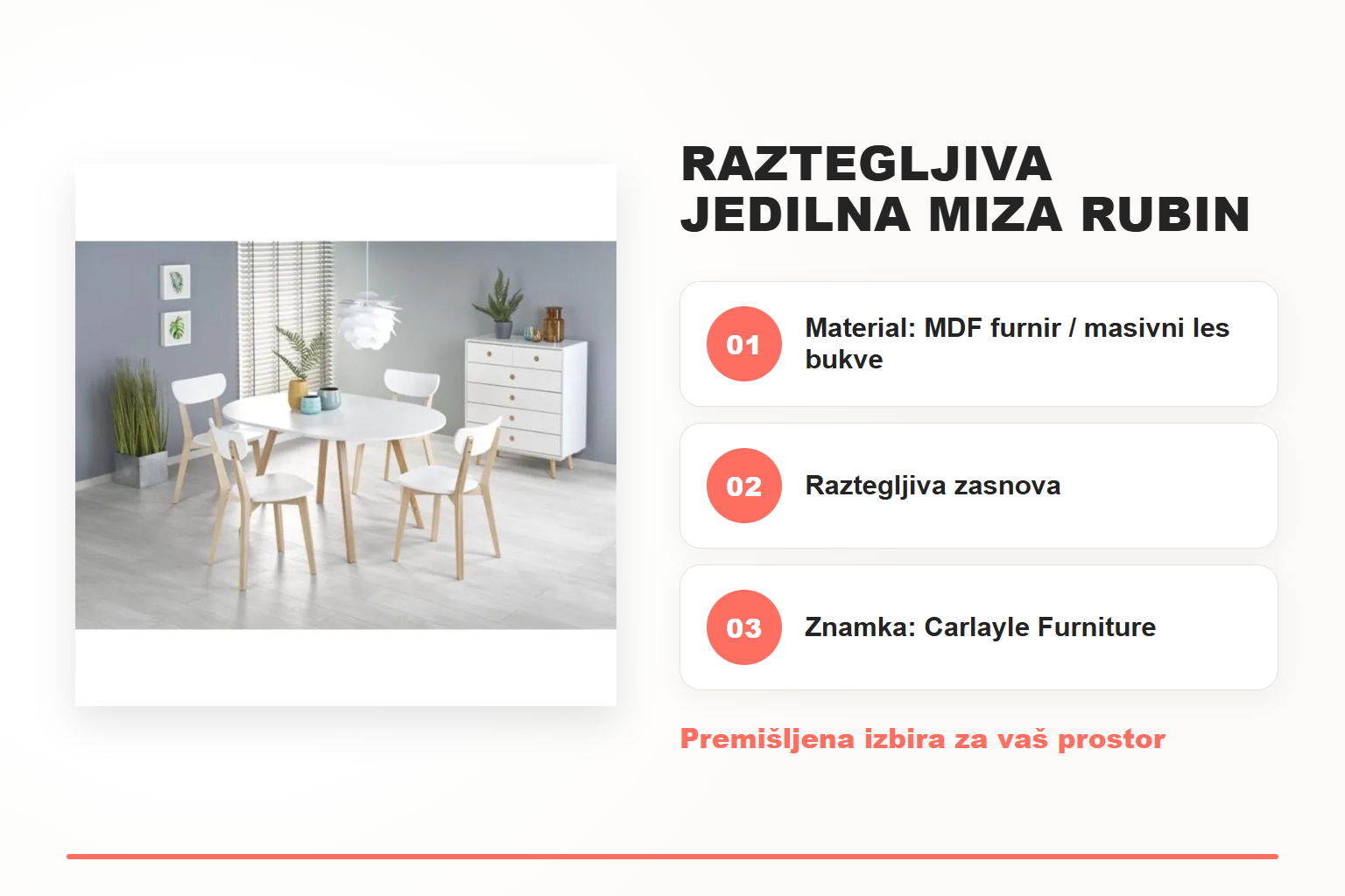 Raztegljiva jedilna miza RUBIN bela – pregled ključnih lastnosti