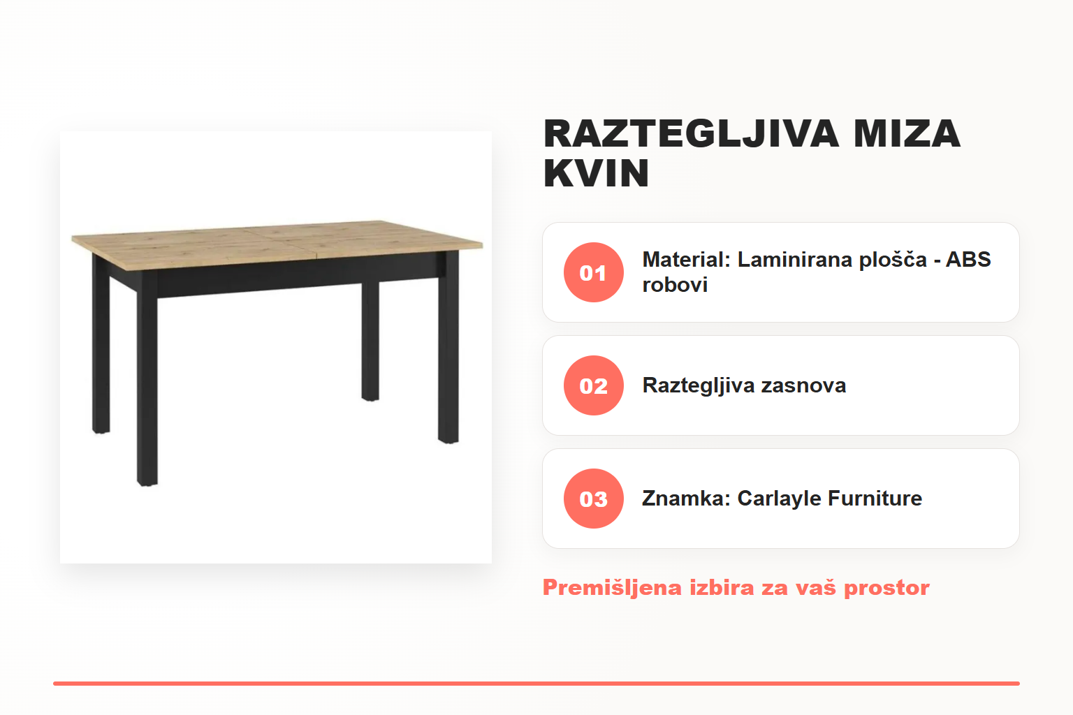 Raztegljiva miza KVIN – pregled ključnih lastnosti