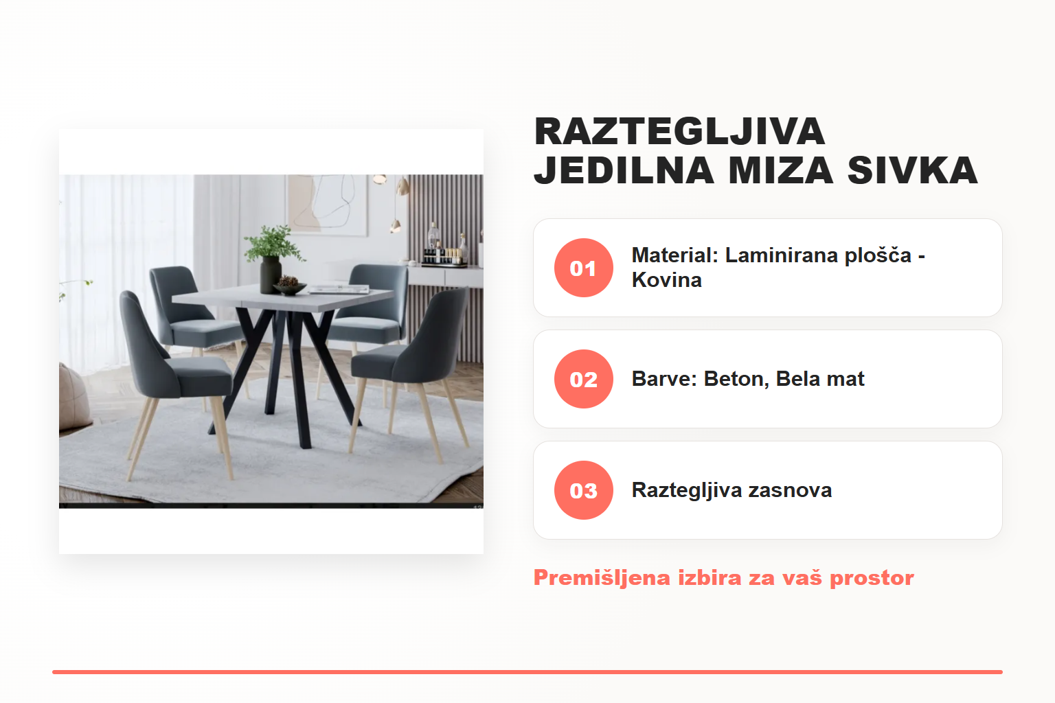Raztegljiva jedilna miza SIVKA – pregled ključnih lastnosti
