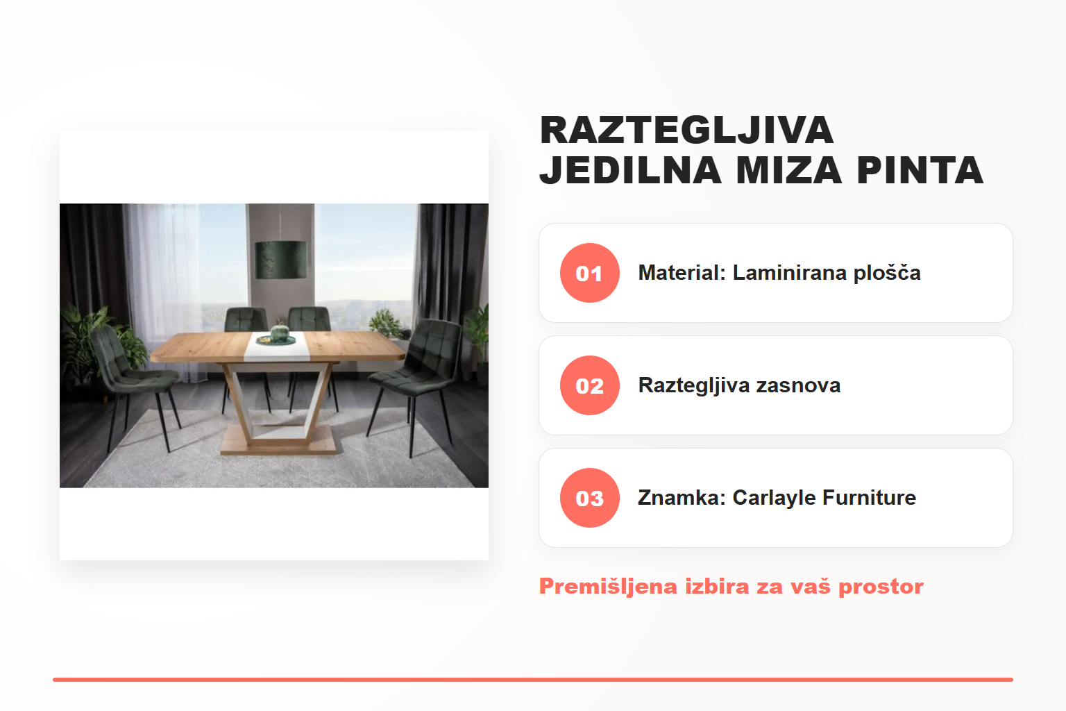 Raztegljiva jedilna miza PINTA 1 – pregled ključnih lastnosti