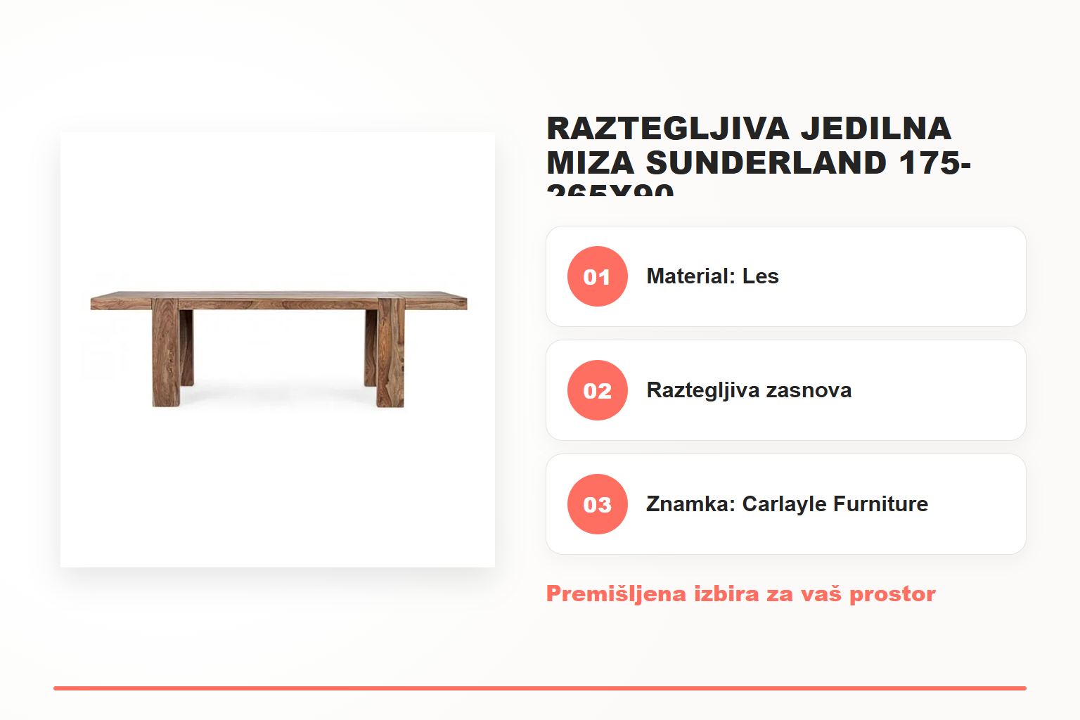 Raztegljiva jedilna miza SUNDERLAND 175-265X90 – pregled ključnih lastnosti