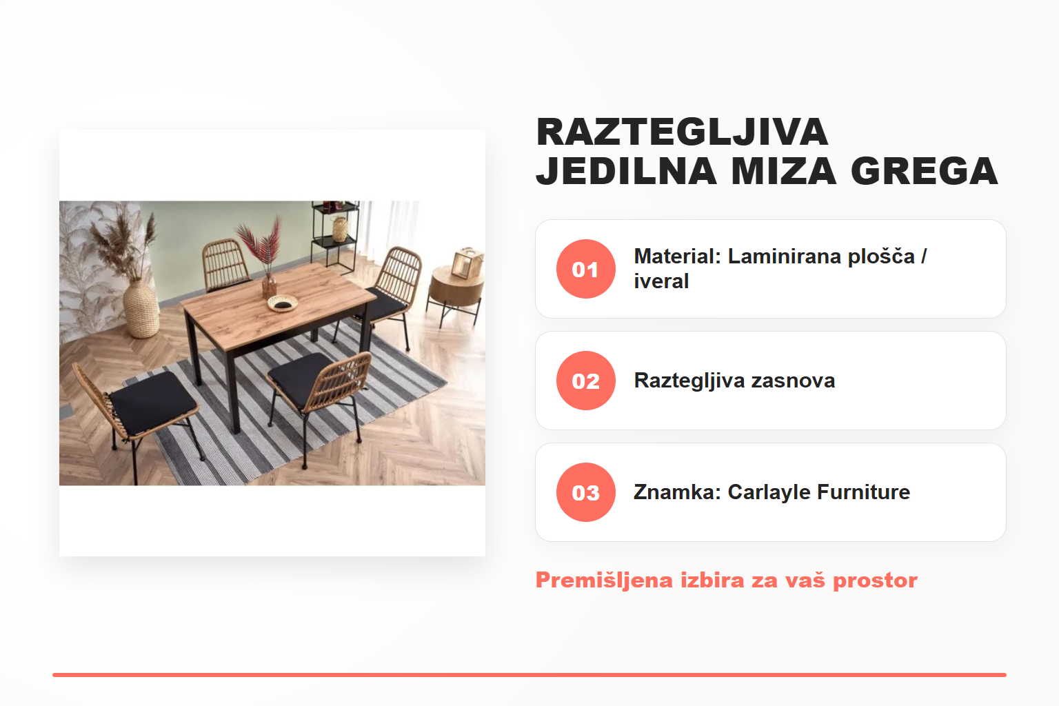 Raztegljiva jedilna miza GREGA – pregled ključnih lastnosti