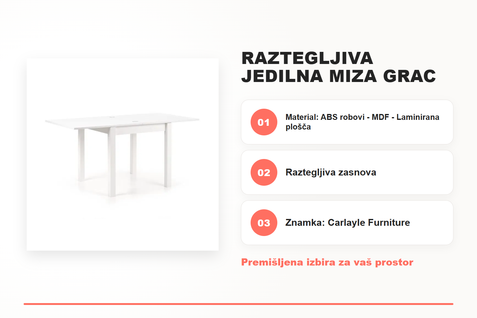 Raztegljiva jedilna miza GRAC bela – pregled ključnih lastnosti