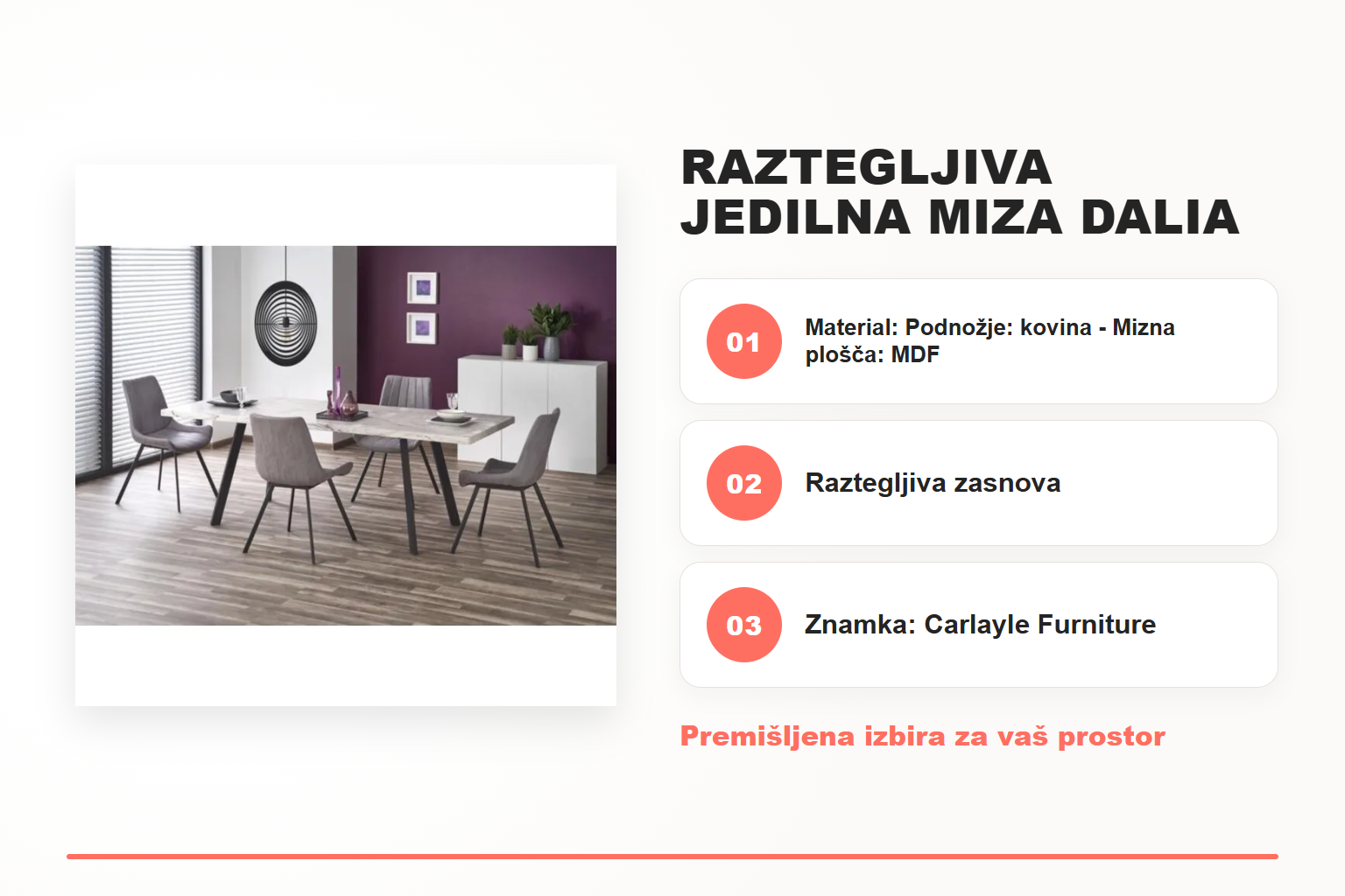 Raztegljiva jedilna miza DALIA – pregled ključnih lastnosti