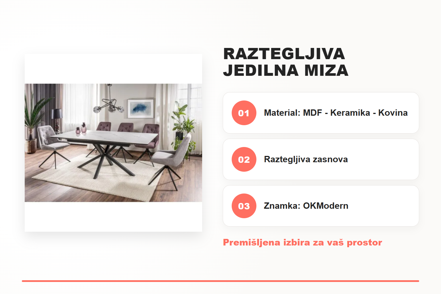 Raztegljiva jedilna miza LORBER – bela mat – pregled ključnih lastnosti
