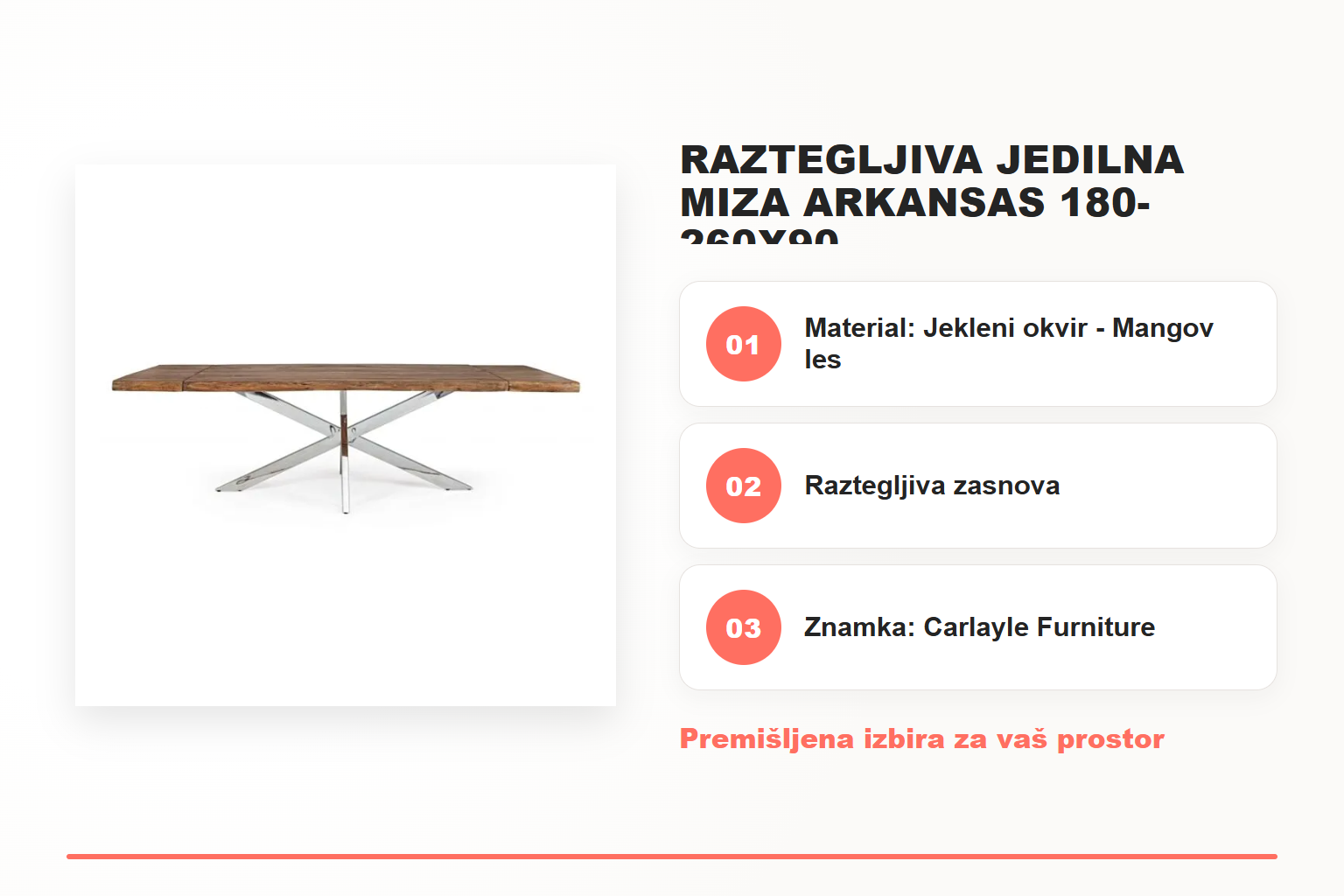 Raztegljiva jedilna miza ARKANSAS 180-260X90 – pregled ključnih lastnosti