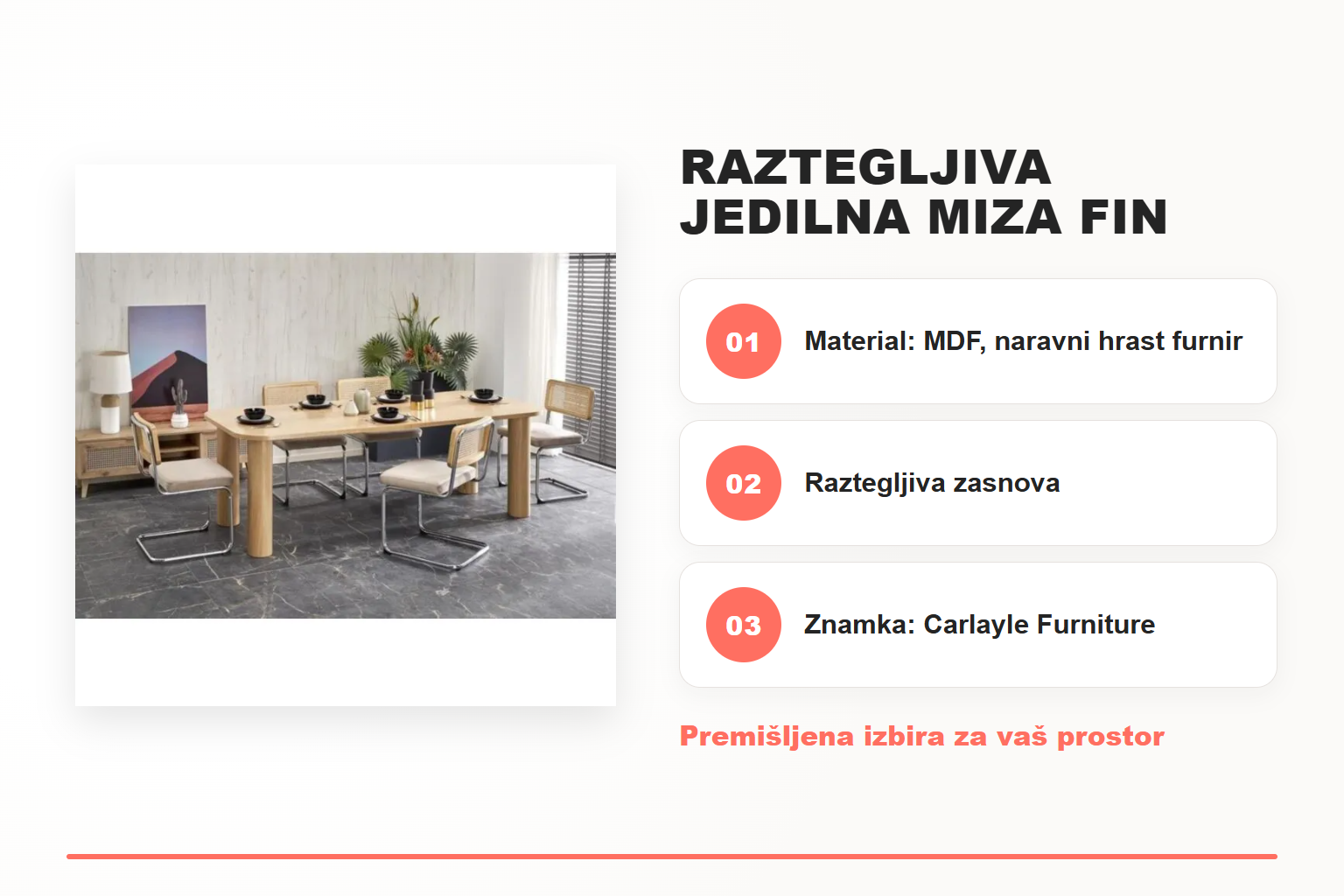 Raztegljiva jedilna miza FIN – pregled ključnih lastnosti