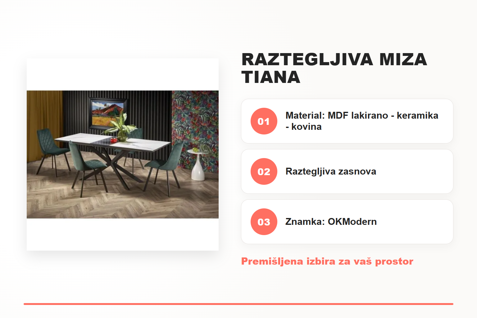 Raztegljiva miza TIANA – pregled ključnih lastnosti