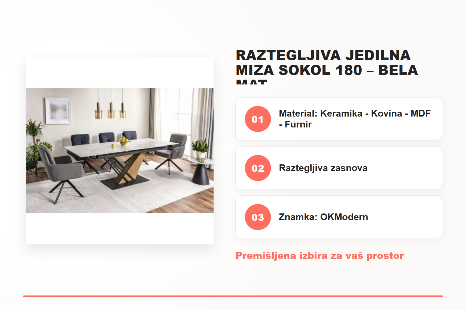 Raztegljiva jedilna miza SOKOL 180 – bela mat – pregled ključnih lastnosti