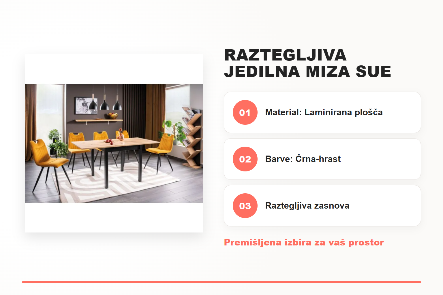 Raztegljiva jedilna miza SUE – pregled ključnih lastnosti