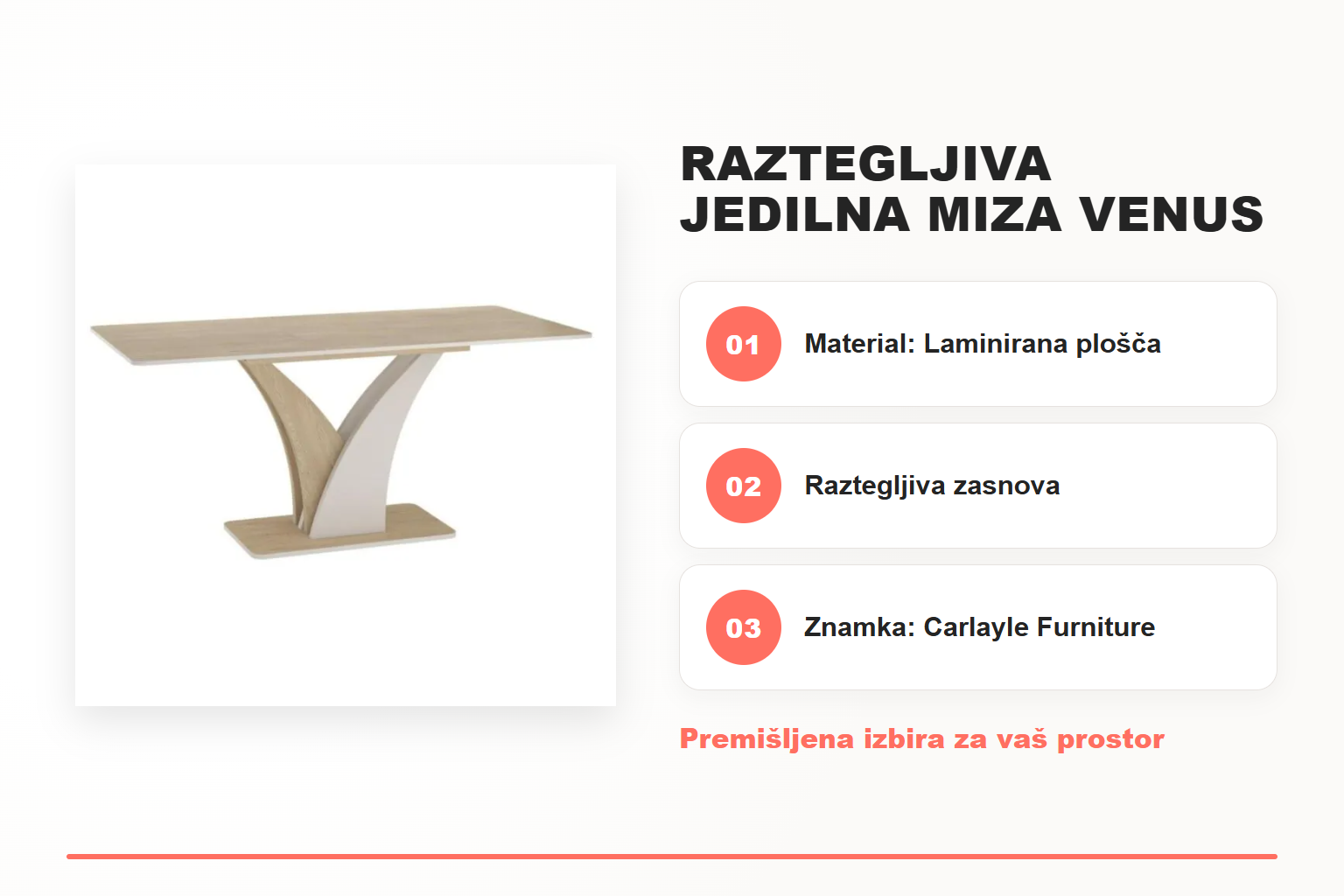 Raztegljiva jedilna miza VENUS 1 – pregled ključnih lastnosti
