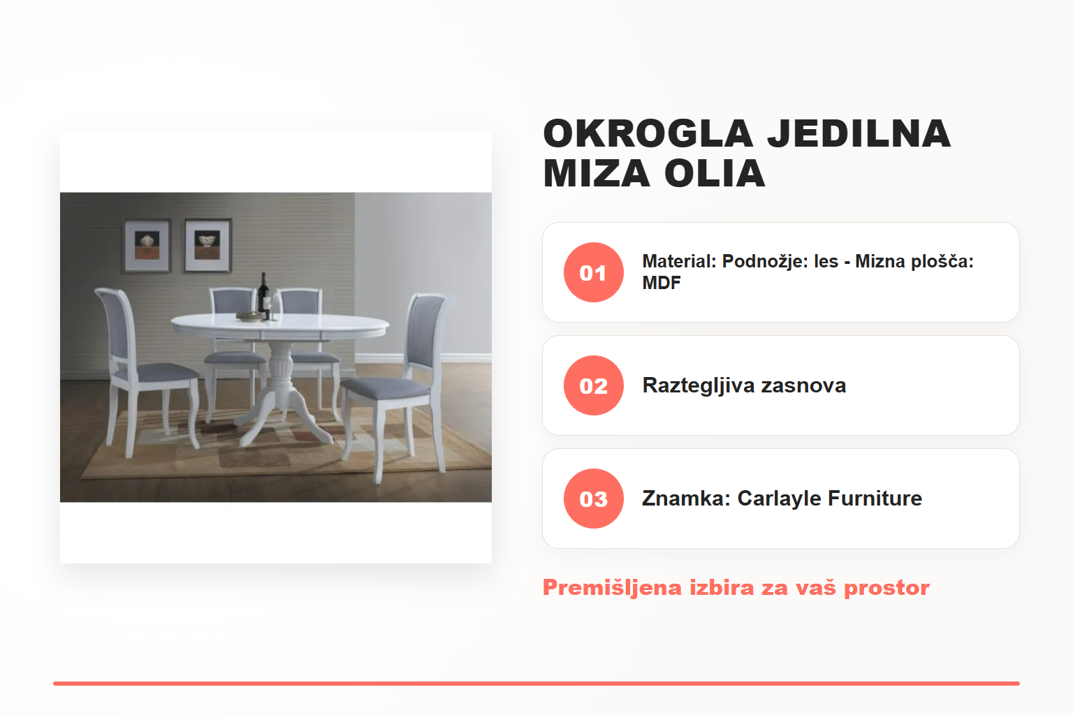Okrogla jedilna miza OLIA – pregled ključnih lastnosti