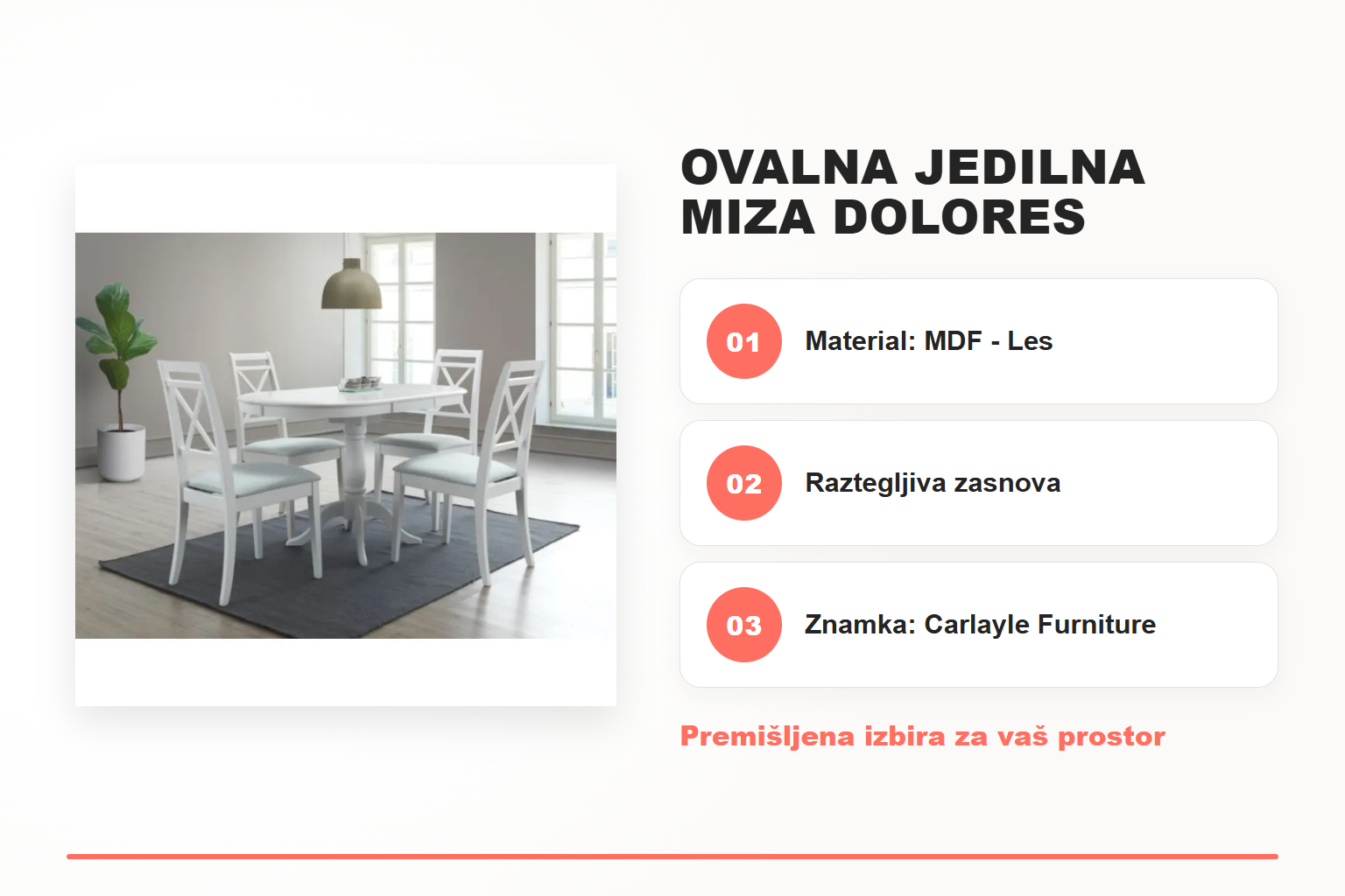 Ovalna jedilna miza DOLORES – pregled ključnih lastnosti