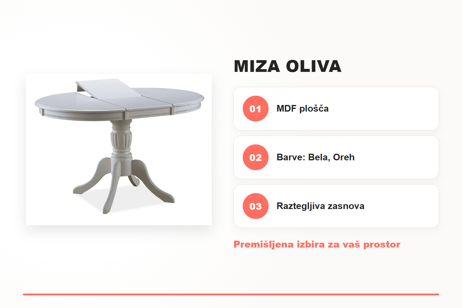 Miza OLIVA – pregled ključnih lastnosti