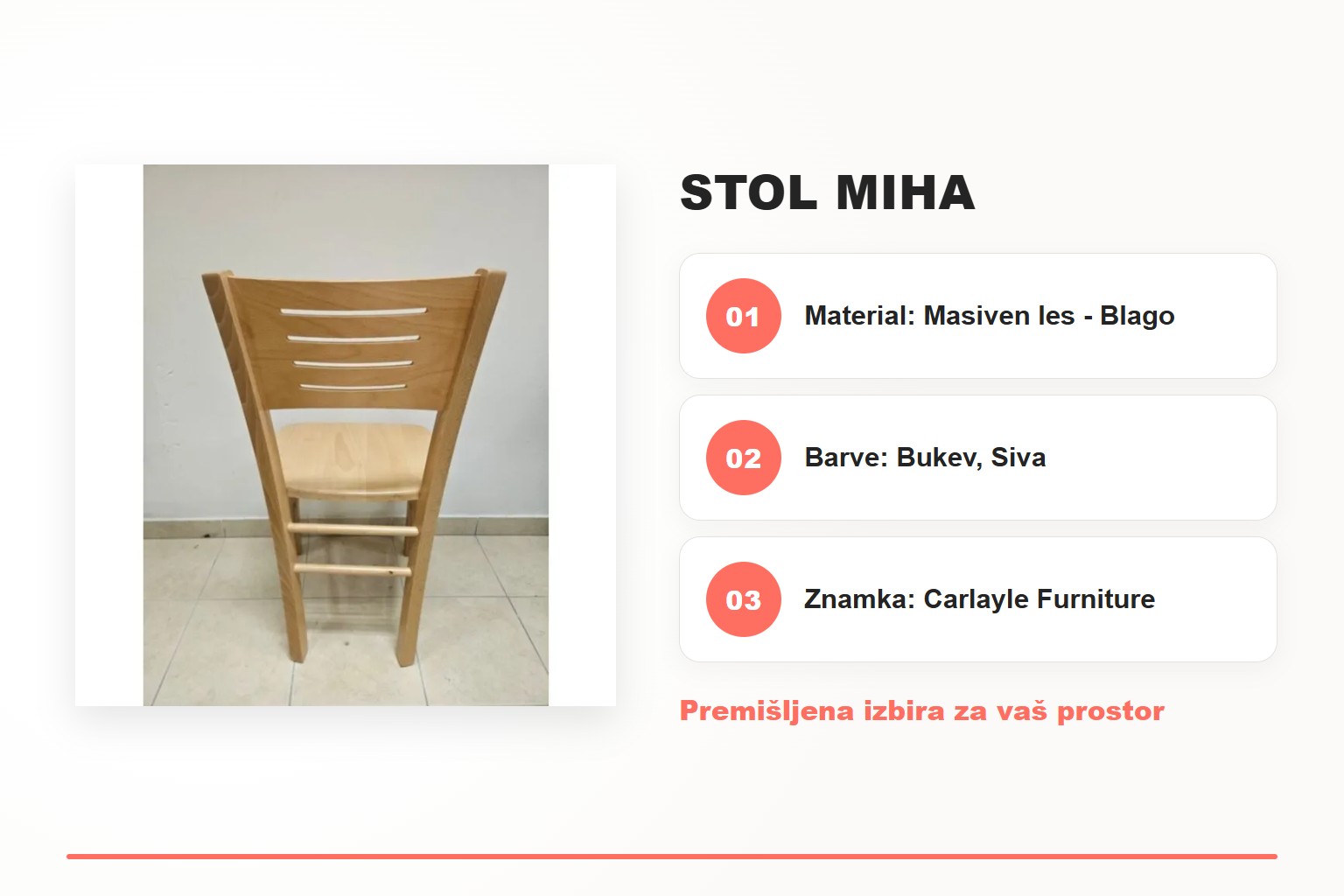 Stol MIHA – pregled ključnih lastnosti