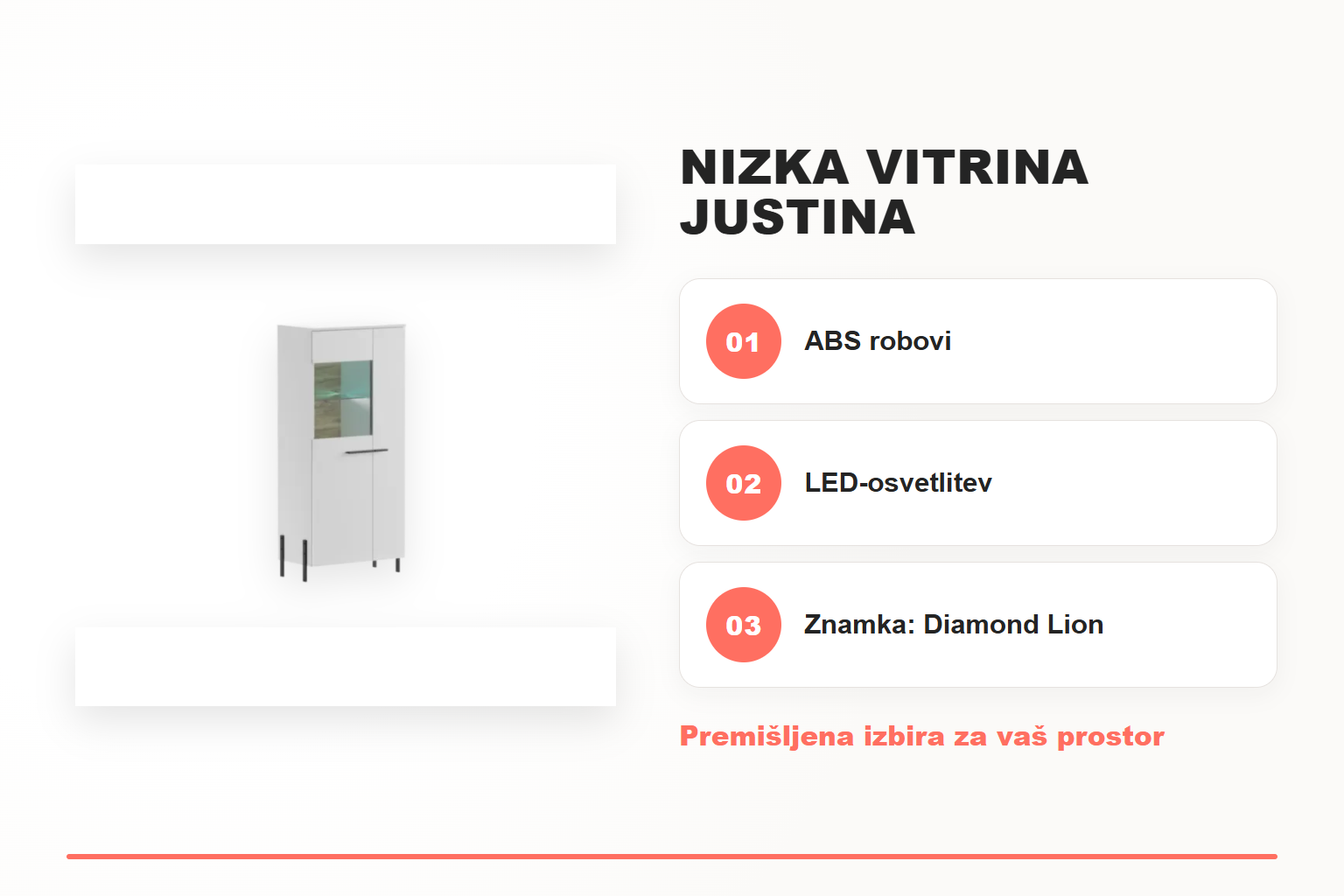 Nizka vitrina JUSTINA – pregled ključnih lastnosti