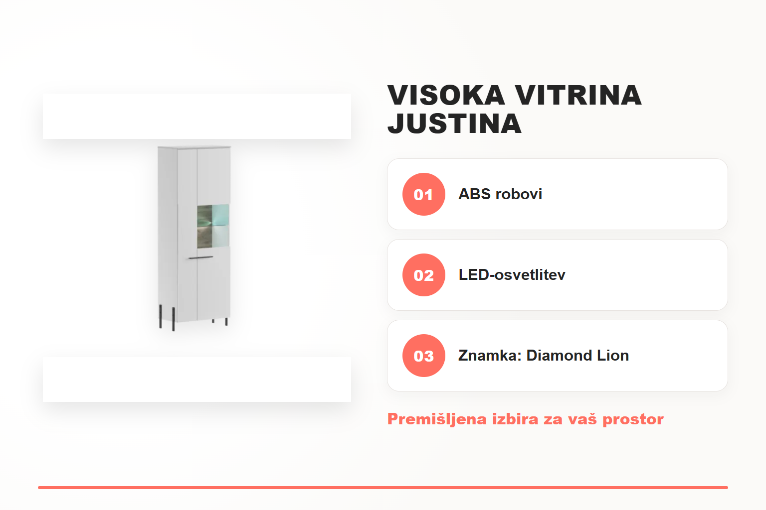 Visoka vitrina JUSTINA – pregled ključnih lastnosti