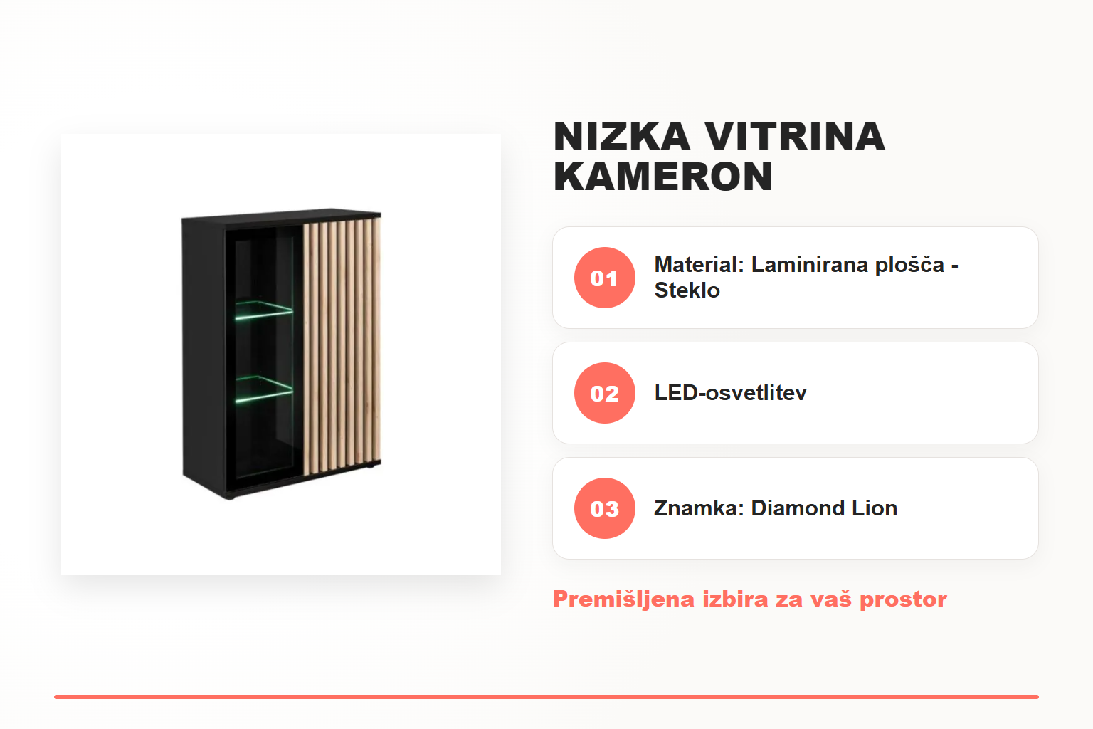 Nizka vitrina KAMERON – pregled ključnih lastnosti