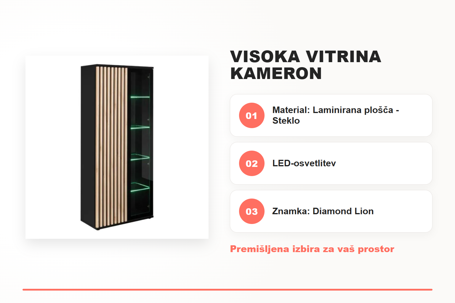 Visoka vitrina KAMERON – pregled ključnih lastnosti