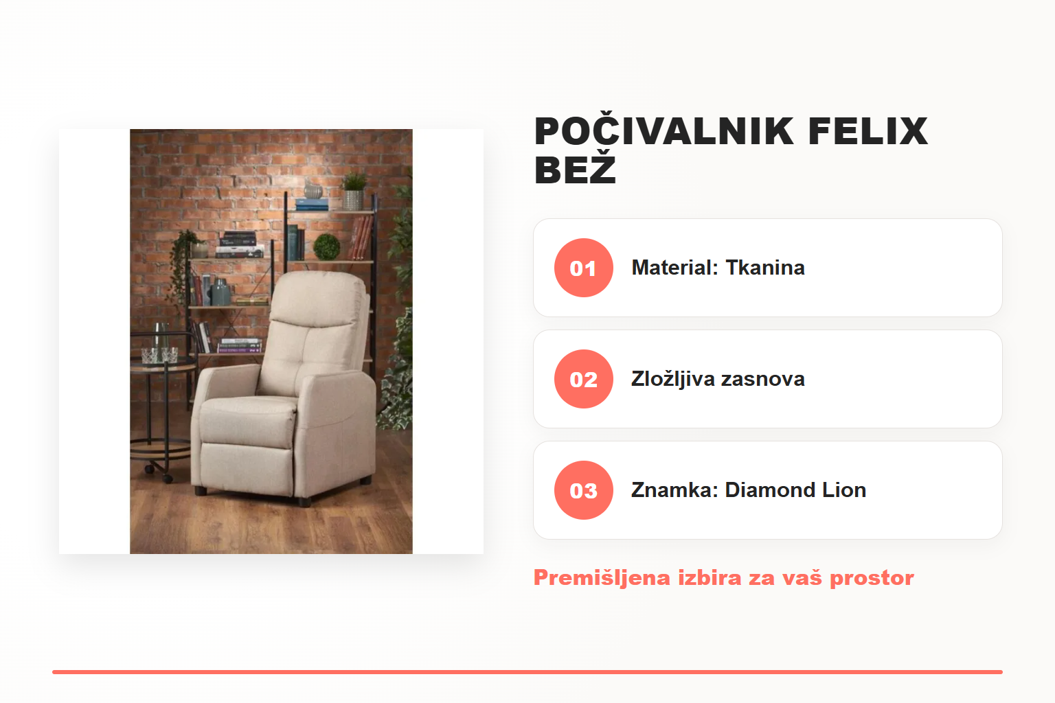 Počivalnik FELIX bež – pregled ključnih lastnosti