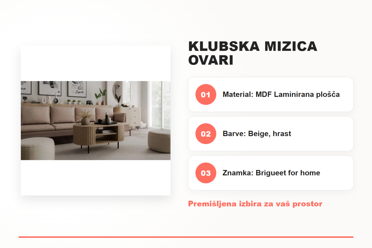 Klubska mizica OVARI – pregled ključnih lastnosti