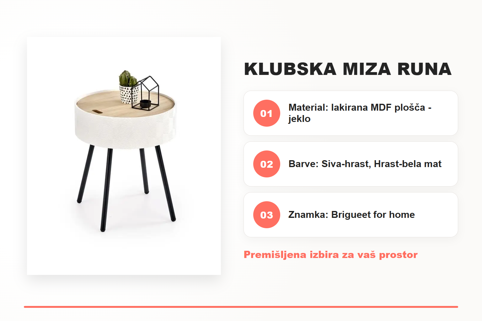 Klubska miza RUNA – pregled ključnih lastnosti