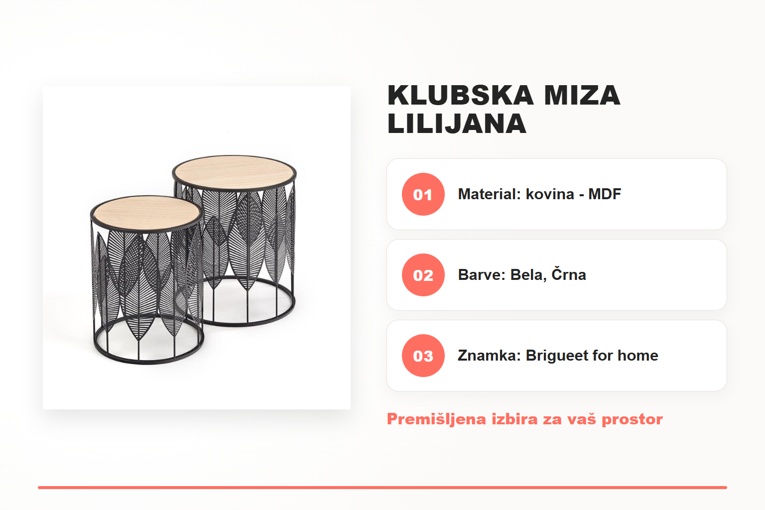 Klubska miza LILIJANA – pregled ključnih lastnosti