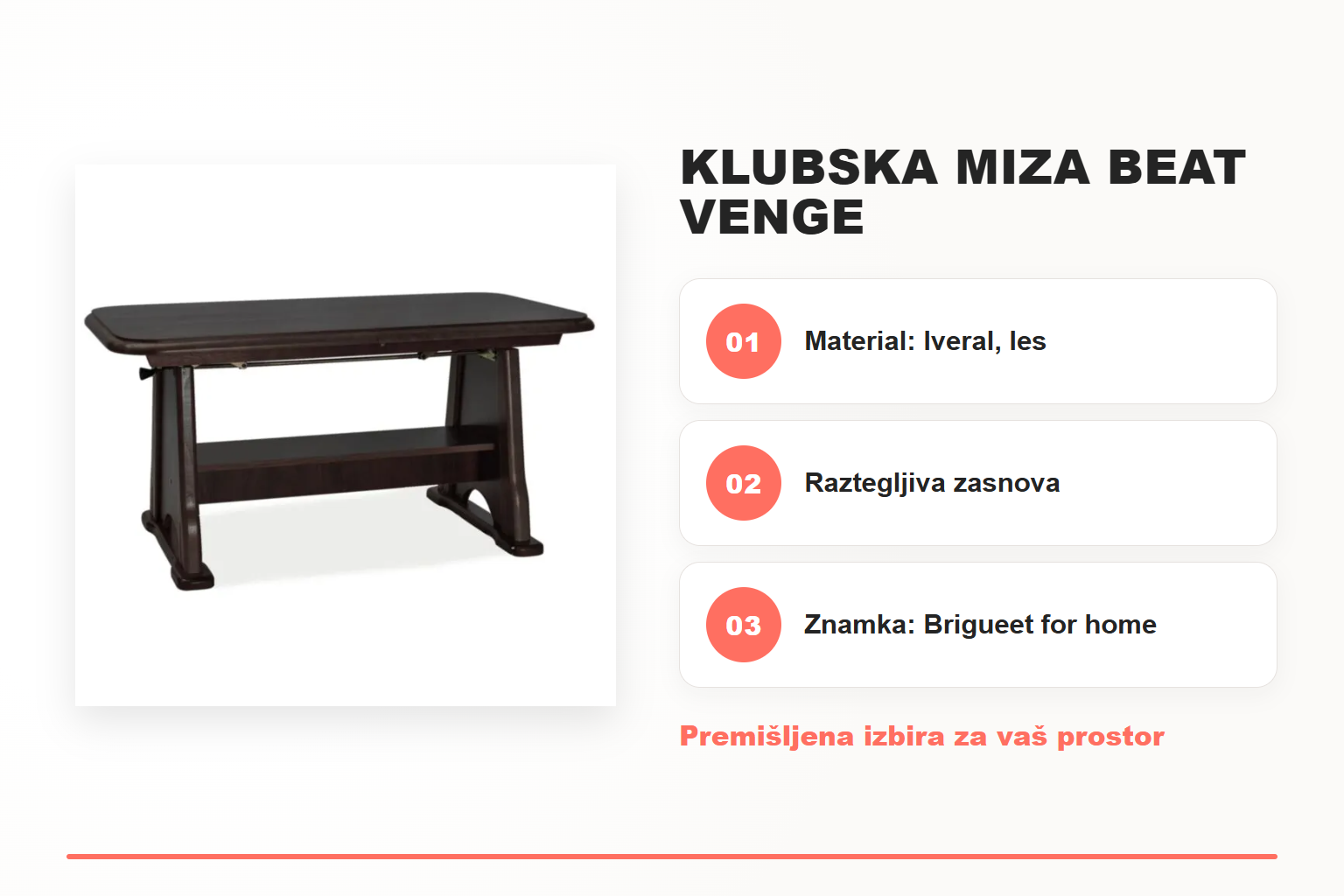 Klubska miza BEAT venge – pregled ključnih lastnosti