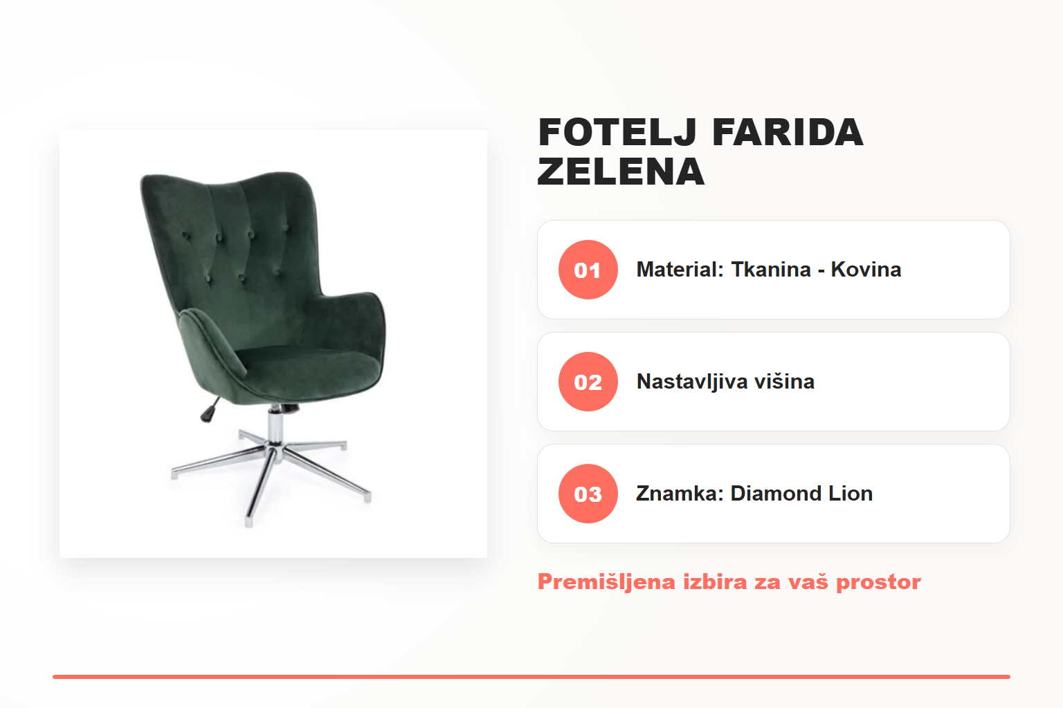 Fotelj FARIDA zelena – pregled ključnih lastnosti