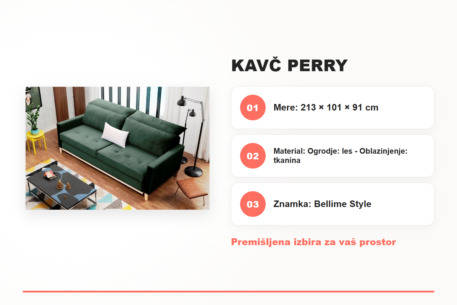 Kavč PERRY – pregled ključnih lastnosti