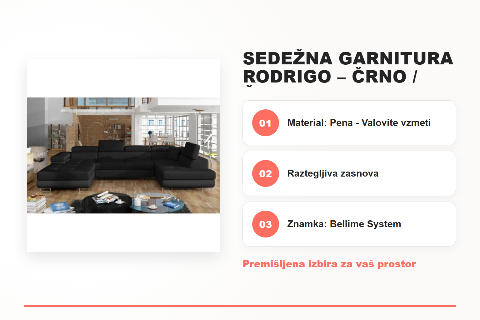 Sedežna garnitura RODRIGO – črno /črna – pregled ključnih lastnosti