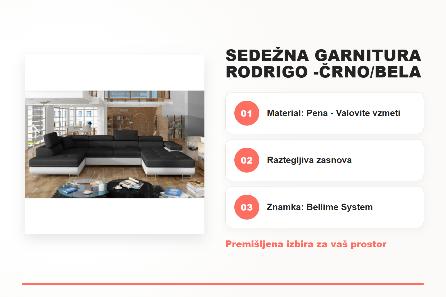 Sedežna garnitura RODRIGO -črno/bela – pregled ključnih lastnosti