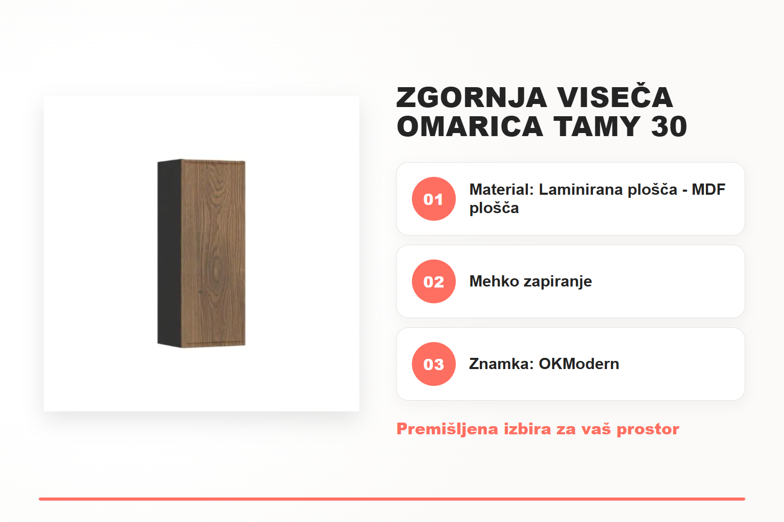 Zgornja viseča omarica TAMY 30 – pregled ključnih lastnosti