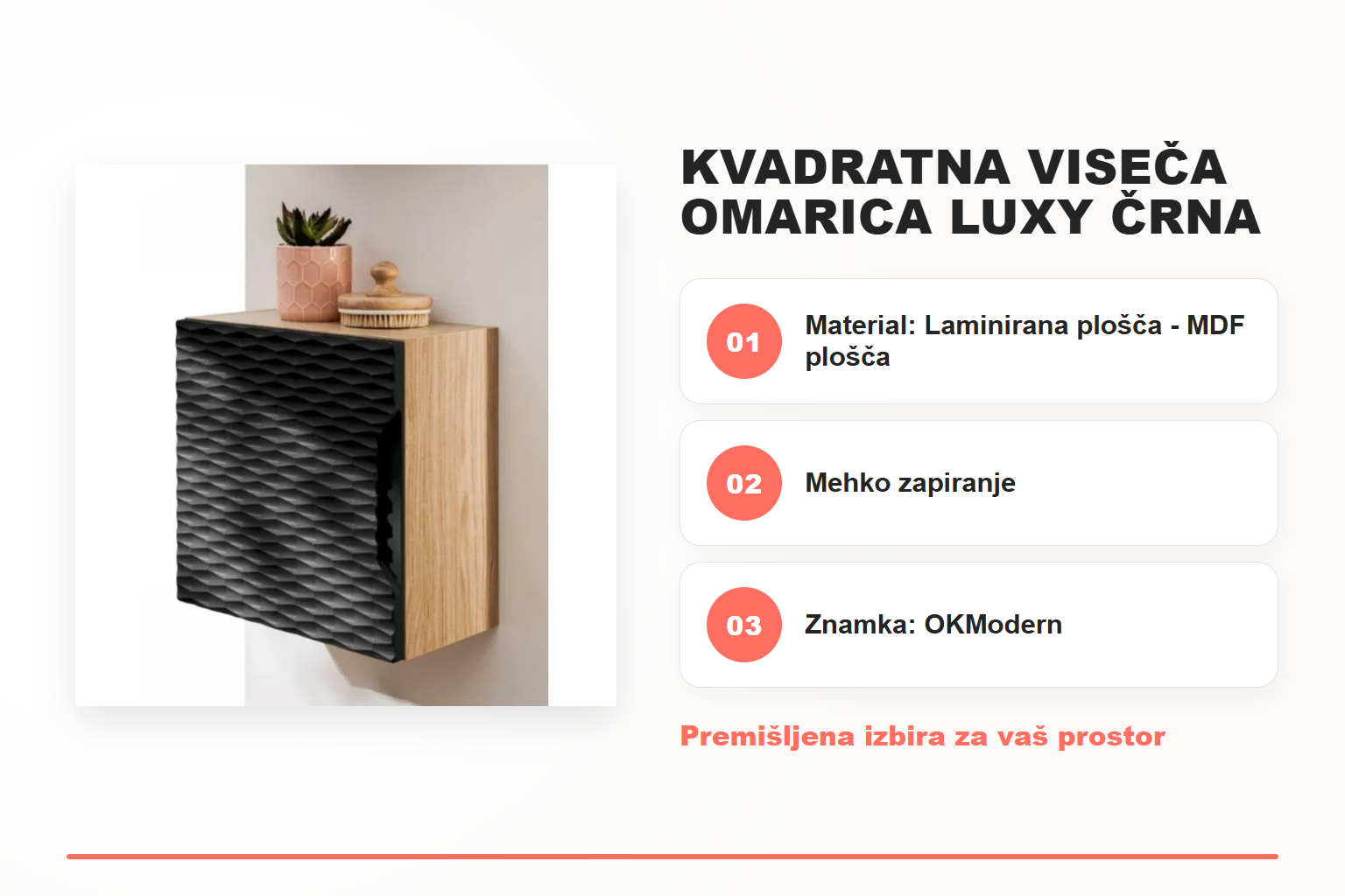 Kvadratna viseča omarica LUXY črna – pregled ključnih lastnosti