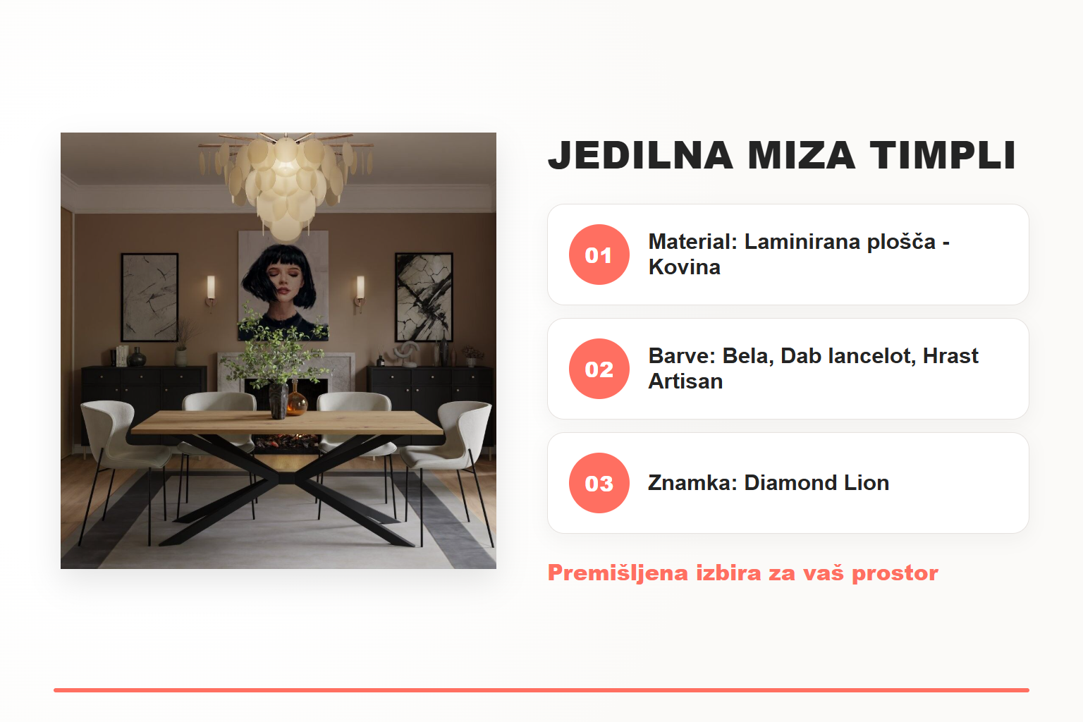 Jedilna miza TIMPLI – pregled ključnih lastnosti