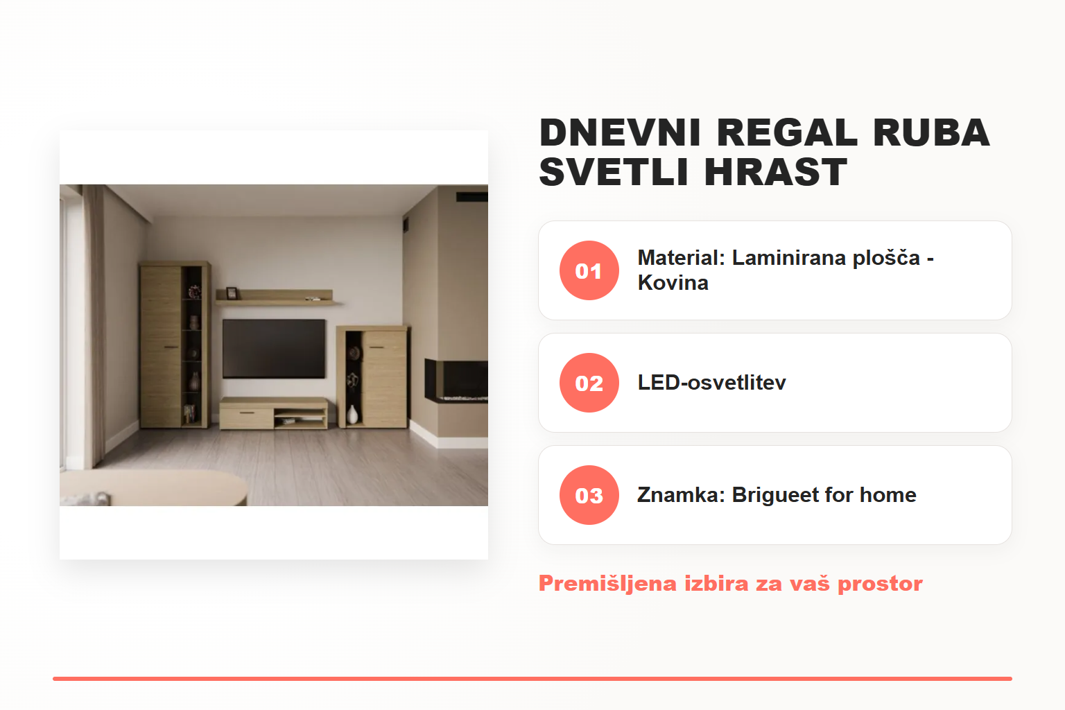 Dnevni regal RUBA svetli hrast – pregled ključnih lastnosti