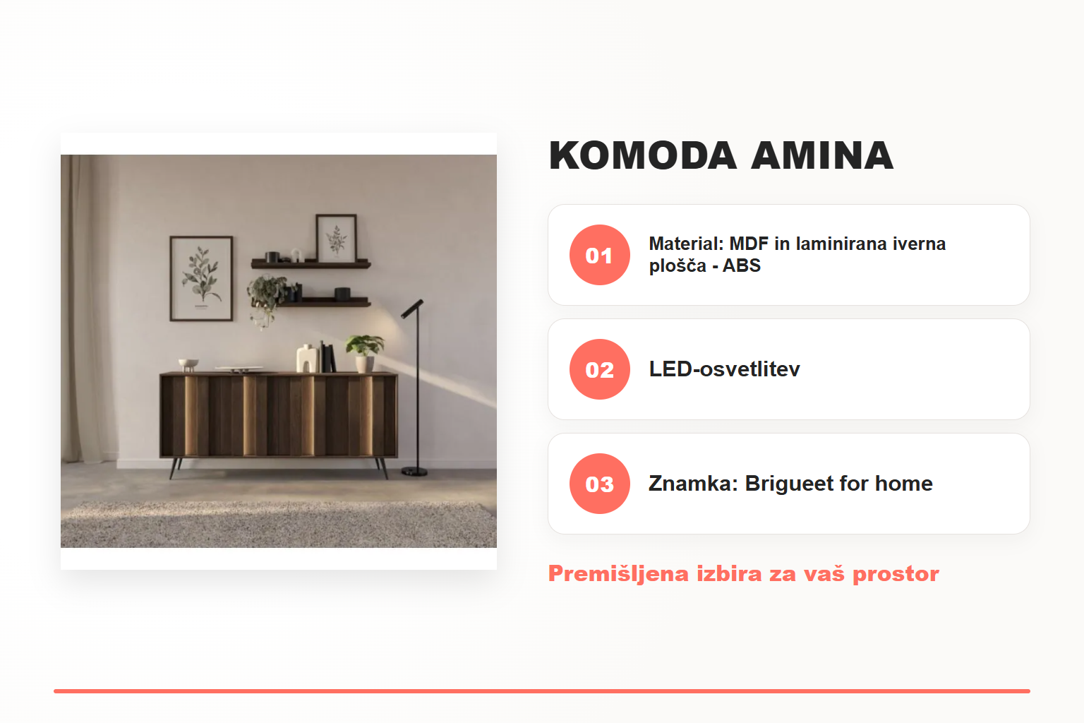 Komoda AMINA – pregled ključnih lastnosti