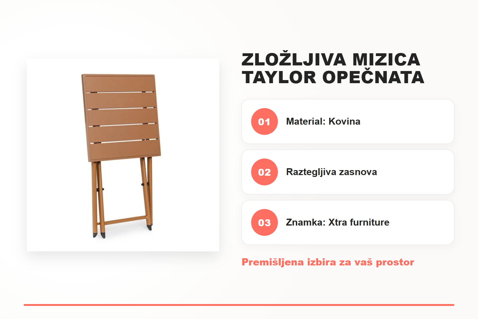 Zložljiva mizica TAYLOR opečnata – pregled ključnih lastnosti