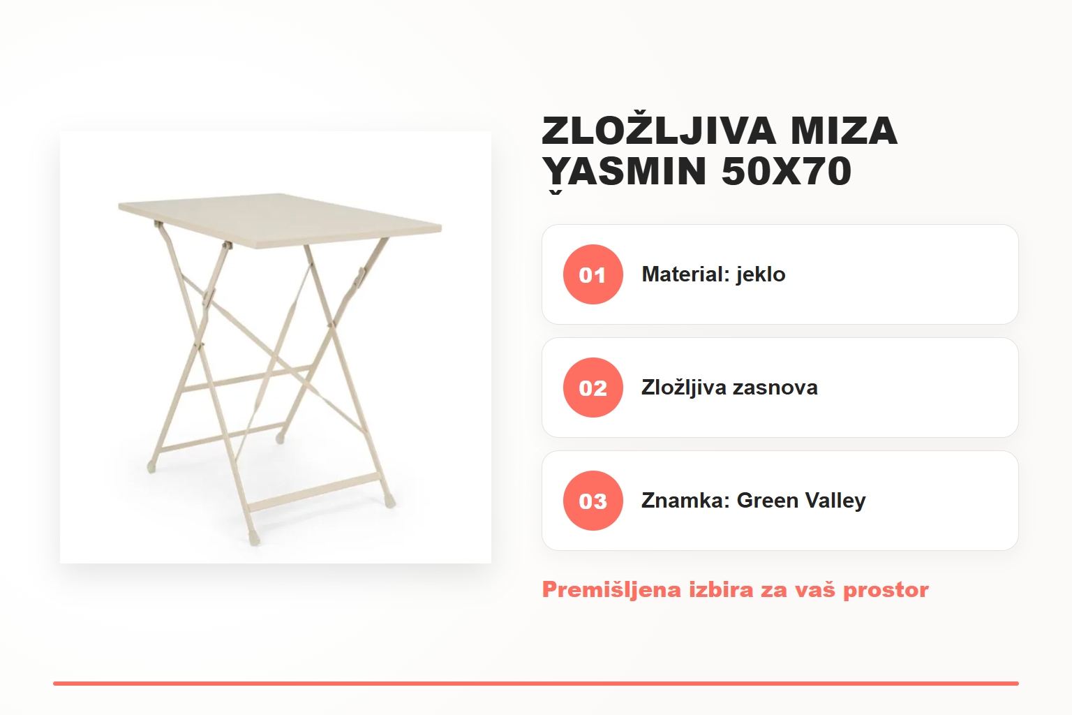 Zložljiva miza YASMIN 50X70 šampanjec – pregled ključnih lastnosti