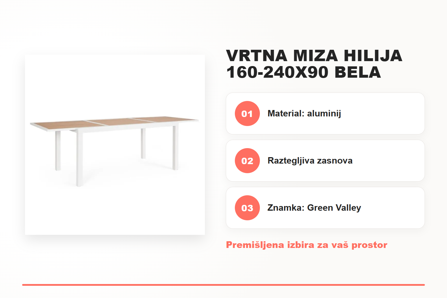 Vrtna miza HILIJA 160-240X90 bela – pregled ključnih lastnosti