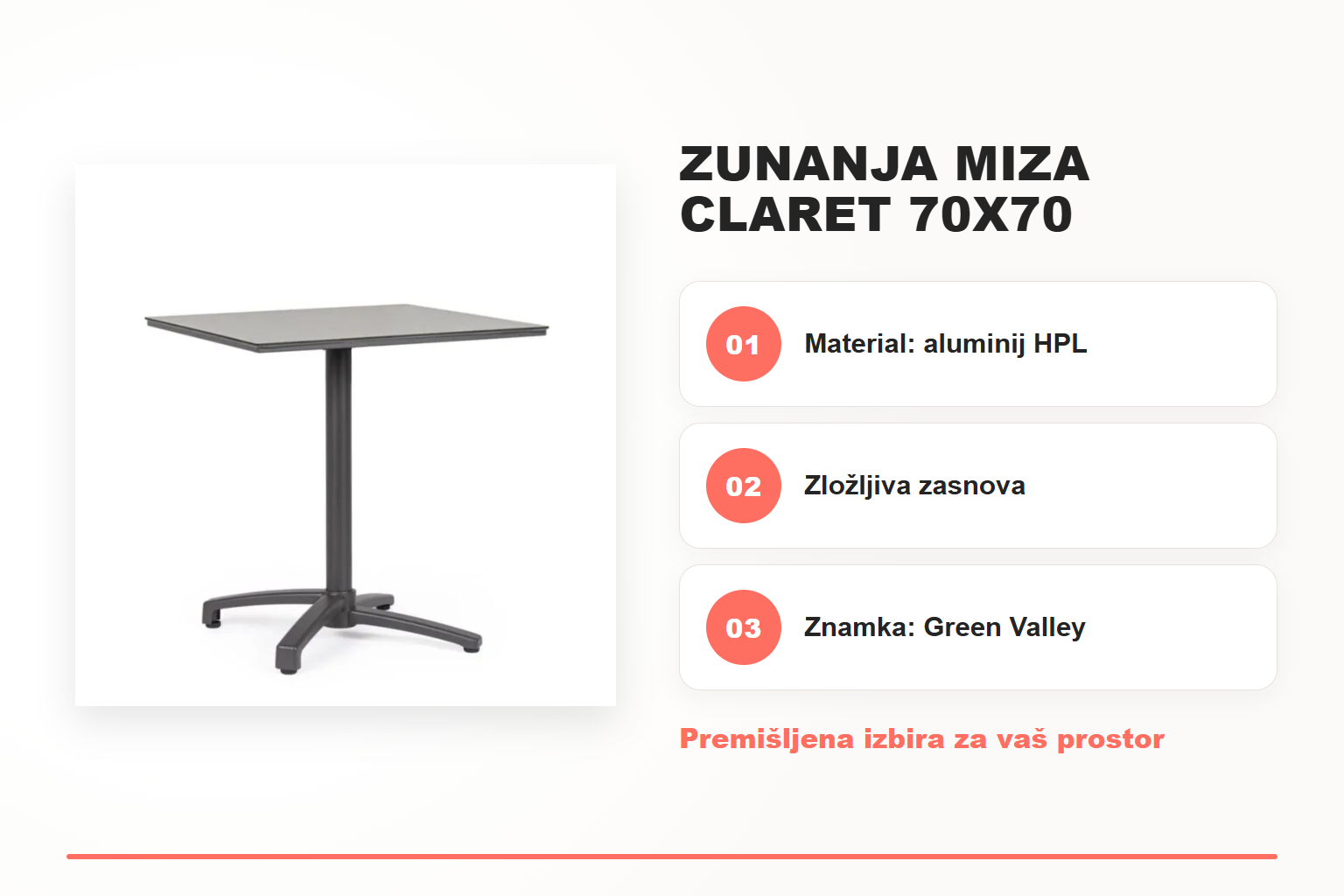 Zunanja miza CLARET 70X70 svetla – pregled ključnih lastnosti