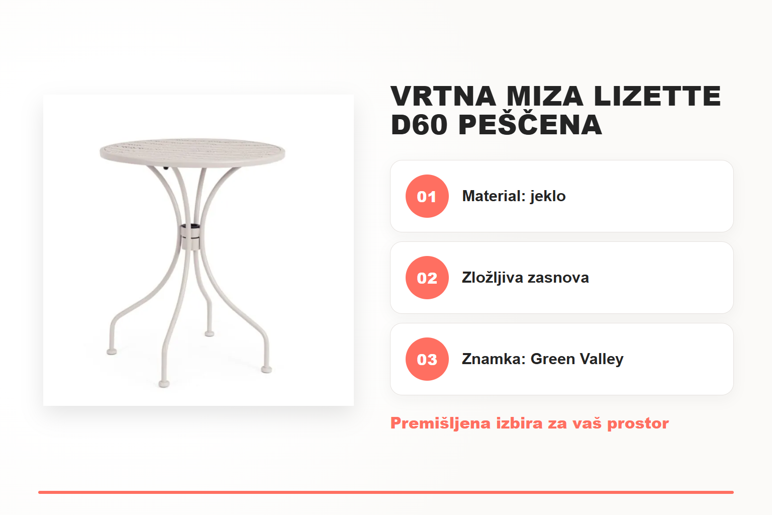 Vrtna miza LIZETTE D60 peščena – pregled ključnih lastnosti