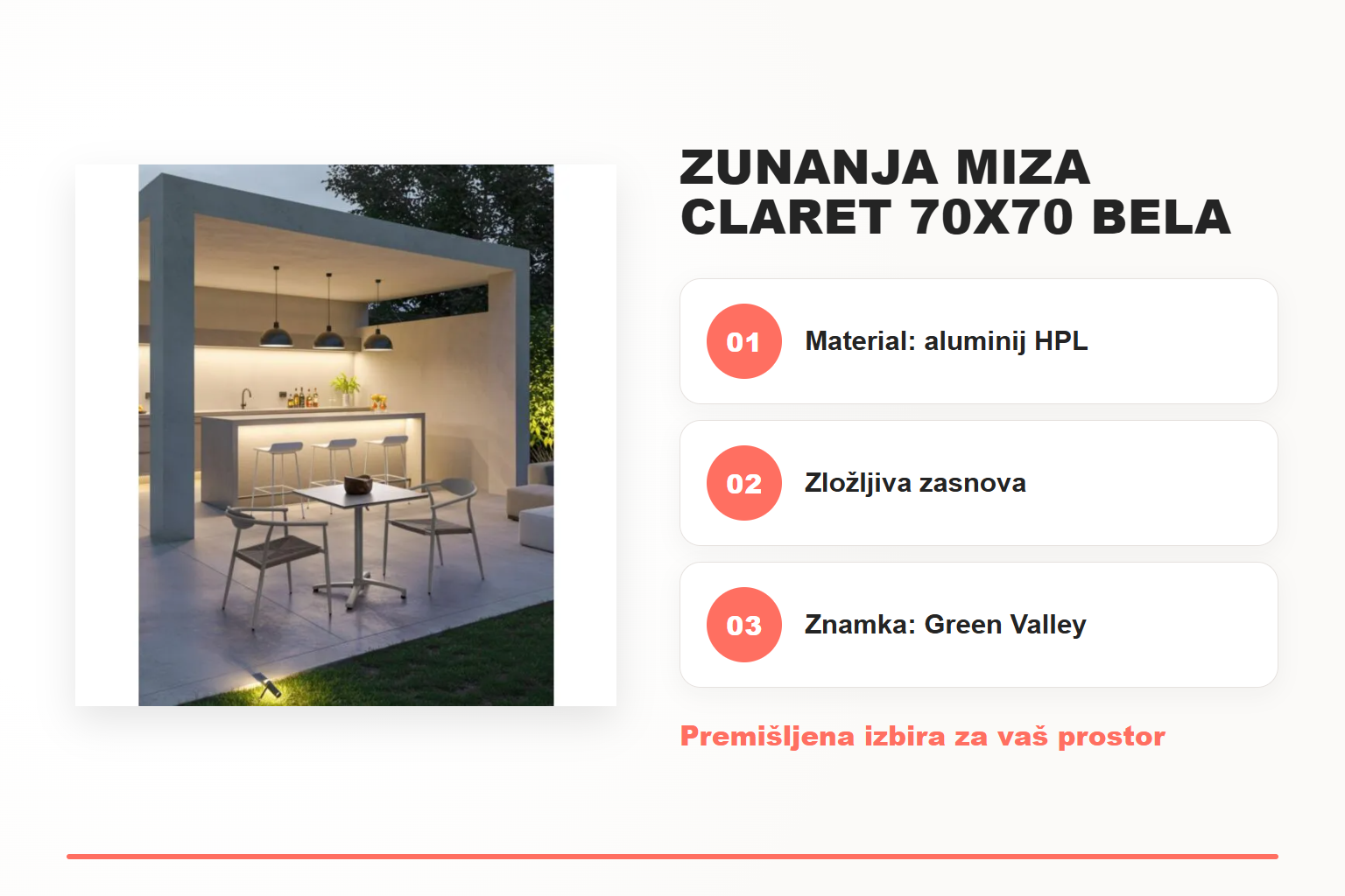 Zunanja miza CLARET 70X70 bela – pregled ključnih lastnosti