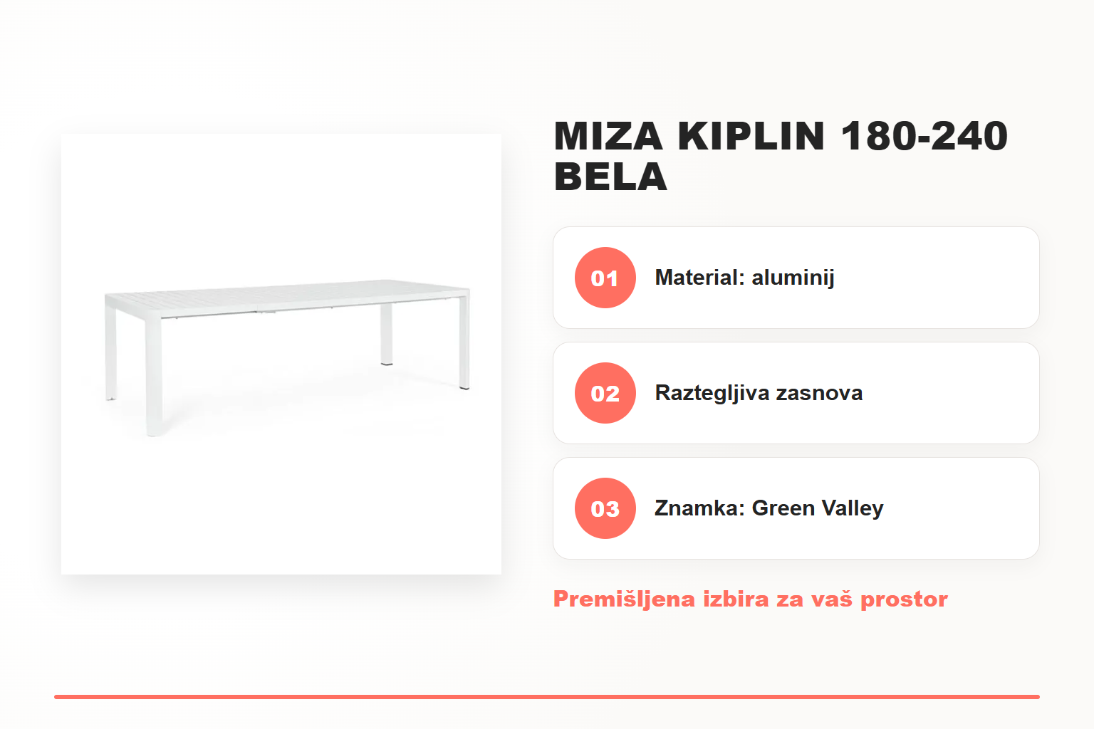 Miza KIPLIN 180-240 bela – pregled ključnih lastnosti