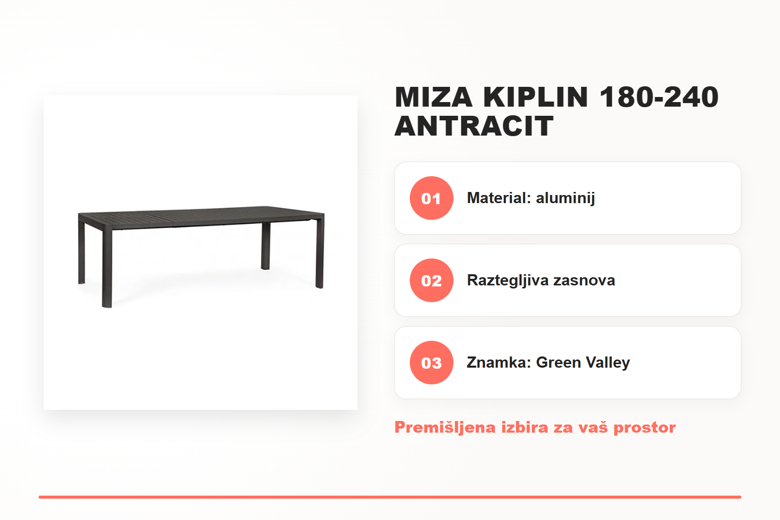 Miza KIPLIN 180-240 antracit – pregled ključnih lastnosti