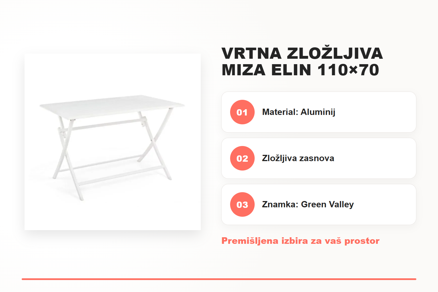 Vrtna zložljiva miza ELIN 110×70 bela – pregled ključnih lastnosti